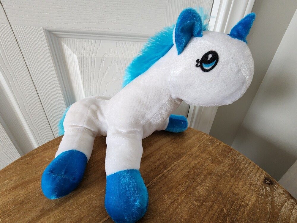 7” Walmart Toy Plush White Unicorn Blue Mane & Tail Hair Stuffed Animal EUC